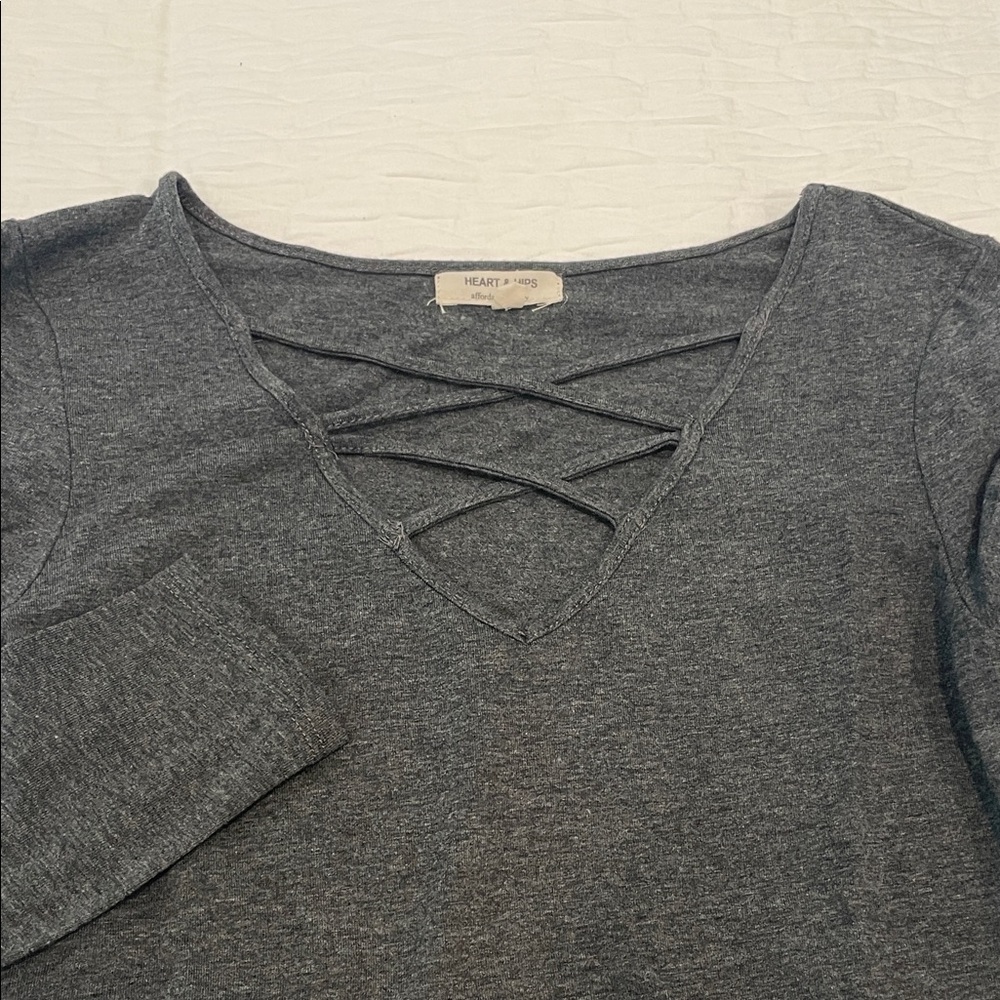 Heart Hips Charcoal Long Sleeve Top with Criss Cross Front Detail